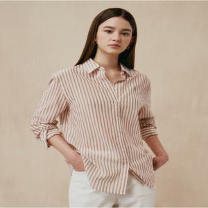 헤지스 여성 HSSH5BC33W2 [면100%]브라운 스트라이프 아사 릴렉스핏 긴소매 셔츠