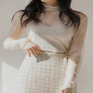 페미닌 플라워 레이스 시스루 블라우스