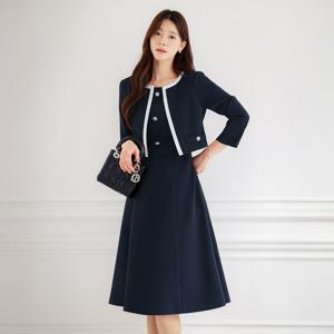 (~XXL까지) 모니 레이어드 배색 자켓 플레어 원피스 봄 가을 하객룩 오피스룩 모임룩 격식룩 빅사이즈