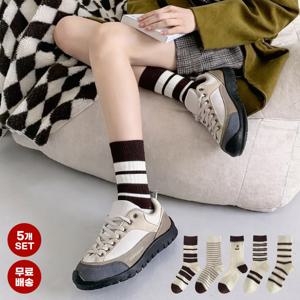베어 스트라이프 양말 5개 세트 여성 사계절 중목 데일리 삭스