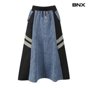 정상가 139000원ㅣ스포티 데님 배색 밴딩 플레어 롱 스커트 (BW3SK001L0)