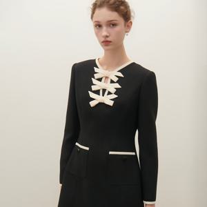 [샤틴]배색 리본장식 미니원피스 S253S601