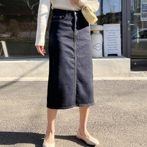 여성 스판 H라인 뒷트임 생지 데님 롱 스커트 핏이 논페이드 치마