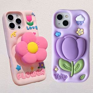아이폰 16 15 14 13 12 프로 맥스 귀여운  플라워 핑거 그립 스탠드 에폭시 실리콘 케이스