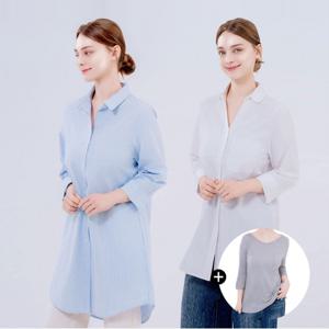 [최초가49,000원] 여성 루즈핏 린넨 롱 셔츠+루즈핏 베이직 티셔츠 세트