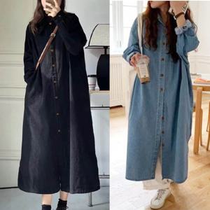 알티피아 여성 셔츠형 데님 롱원피스 1P 긴팔 허리끈 카라 치마 롱기장청남방 청긴치마