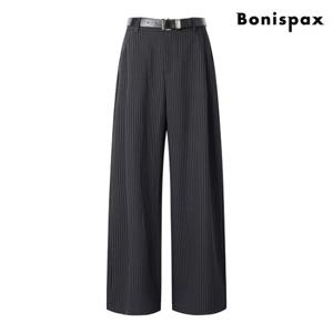 정상가:89,000원 | 스트라이프 벨티드 핀턱 와이드 팬츠 (XP1TA007L0)