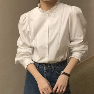 문에이블 봄 가을 간절기 여자 여성 프릴 기본 면 흰색 남방 셔츠 블라우스