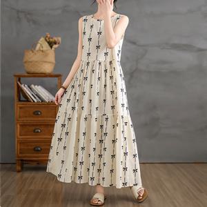 2491766 - 리본 패턴 면 민소매 롱원피스 루즈핏 빅사이즈 여름원피스 린넨원피스 면원피스 40대 50대 100사이즈