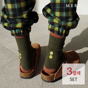 [메리삭스] 럭키 스마일 자수 골지삭스 3켤레 세트/여성양말