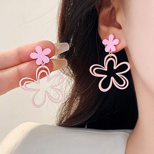 빅 드롭 핑크 플라워 데일리 여름 패션 꽃 롱 귀걸이