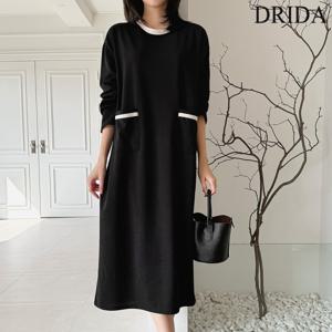 드리다 여성 봄 가을 포켓 배색 빅사이즈 롱 스판 원피스 40-50대 미시 중년여성 엄마옷 캐주얼 미시 등원