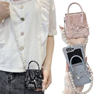 갤럭시 z플립 7 6 5 4 3 악어 가죽 핸드백 진주 스트랩 케이스