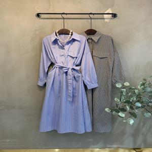 [브리치]  / 나리스 스트라이프 허리끈 카라 롱원피스 2color C