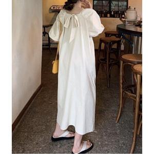 백리본 포인트 소매 퍼프 코튼 반팔 원피스 (WIAAOP067)