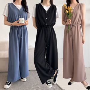 여성 허리 스트링 브이넥 단추 나시 점프수트 -CJS0027-