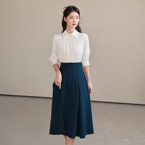 (~XXL까지) 바이샤 셔링 배색 리본장식 플레어 원피스 봄 가을 오피스 하객룩 데이트 모임 미시 빅사이즈