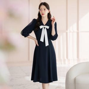 (~XXL까지) 마큘아 배색 타이넥 플레어 원피스 봄 가을 하객룩 오피스룩 모임룩 격식룩 빅사이즈