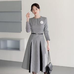 (~XXL까지) 디먼트 하운드 체크 배색 원피스 봄 가을 오피스룩 하객룩 데이트룩 모임룩 미시룩 빅사이즈
