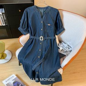 노카라 라운드 데님 롱원피스 반팔 청 클래식 원피스