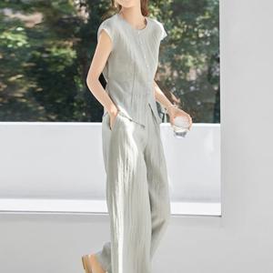 257519 - 레이온 엠마버튼 팬츠세트 밴딩팬츠 빅사이즈세트 여름셋업 50대중년여성 여름정장 인견패츠 인견셋업