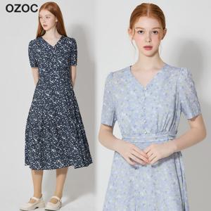 브이넥 프린트 셔링 원피스