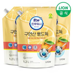 참그린 구연산 물때 제거 트루워시 주방세제 1.2L 리필 3개 오렌지향/레몬향