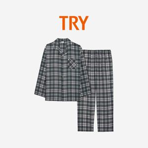 남자 면잠옷 봄 가을 긴팔 잠옷 상하 세트 나염 카라 체크 주자직