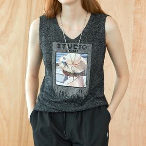 [마쟈] 프린트 큐빅 메탈 슬리브리스 니트탑