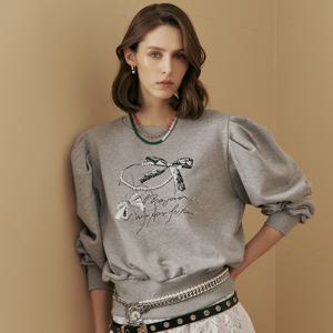 [마쟈] 진주 리본 비즈 퍼프소매 맨투맨 티셔츠