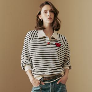 하트 와펜 셔츠카라 스트라이프 티셔츠