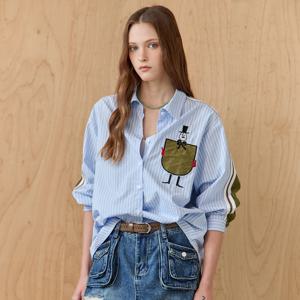 포켓자수 배색 스트라이프 셔츠 블라우스