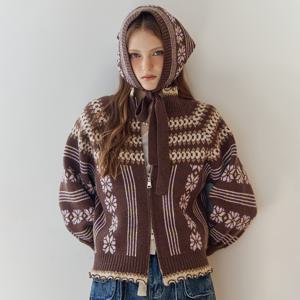 노르딕 패턴 니트 집업 가디건&스카프 세트