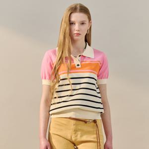 배색 스트라이프 카라 반팔 니트