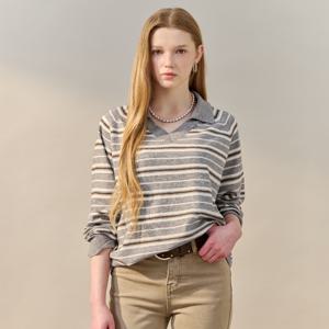 멀티 스트라이프 오픈 카라 니트