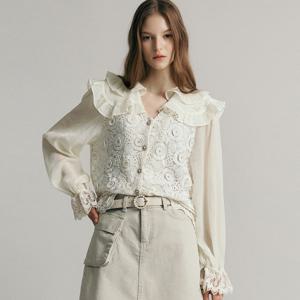 [마쟈] 러플 카라 아일렛 레이스 쉬폰 블라우스