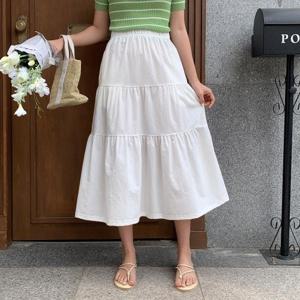 [VY] 여자 여성스러운 흰색 SS 면원단 클래식 티어드 롱스커트_16800985_588847