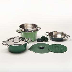 [그린컬러] 디엣지 클리어 인덕션 통3중 스텐 냄비 세트 (실리콘 손잡이 냄비받침 뚜껑 포함)