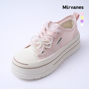 [정상가 69000원] 미르바네스슈즈 진주 리본 포인트 러블리 플랫폼 스니커즈
