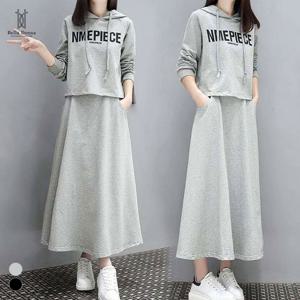 사계절 여성 캐주얼 후드티셔츠+A라인 롱스커트 투피스셋업 사이드주머니 Bon-2609