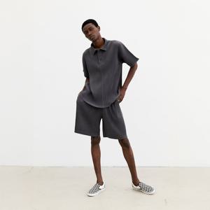 [무케] 몽플리쎄_공용 카라넥 반소매 플리쎄 티셔츠 (그레이) 주름옷 주름티 플리츠티