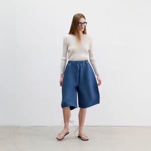 [무케] 몽플리쎄_여성 가로 플리츠 버뮤다형 팬츠 (블루) 주름옷 주름반바지 플리츠반바지