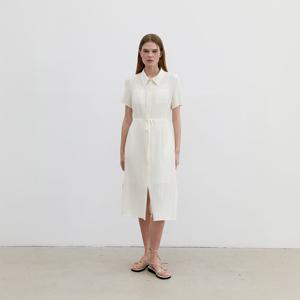 [무케] 몽플리쎄_여성 카라넥 반소매 풀오픈타입 플리츠 롱 원피스 (아이보리) 주름옷 주름원피스