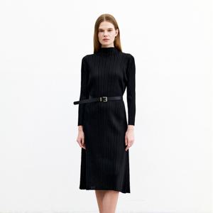 [무케] _여성 반넥 긴소매 베이직 플리츠 원피스 (블랙) 롱원피스 주름원피스 간절기 원피스