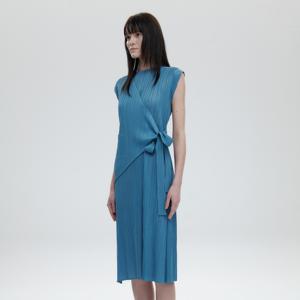 [무케] _여성 타이드 랩 스타일 캡소매 플리츠 원피스 (블루) 주름 랩원피스 여름 롱원피스