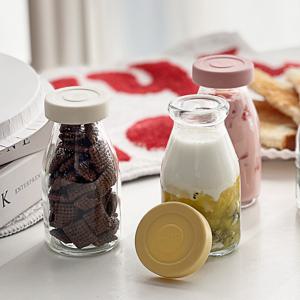 헥사 실리콘뚜껑 뉴트로 우유병 180ml 8p 3컬러 요거트 유리병