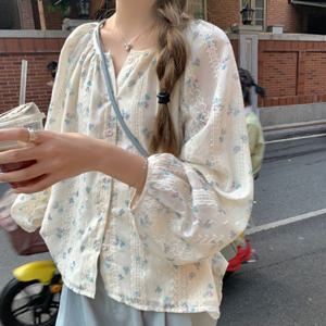 퍼프 상의 레이스라인 티셔츠 은창]로맨틱 제비꽃 반팔 여름 상의 여름 블라우스 셔츠