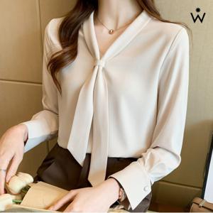 정상가:59,000원ㅣ페미닌 심플 타이 리본 포인트 블라우스 (WIBABL015)
