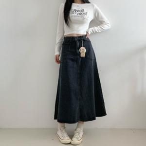 문에이블 여자 여성 허리 밴딩 A라인 와이드 롱 데님 스커트 흑청 블랙 청치마