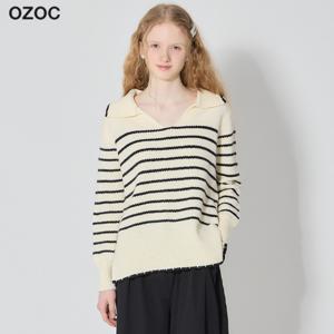 (OZOC)] 오픈 칼라 스트라이프 니트 탑 (택가격: 74000원)